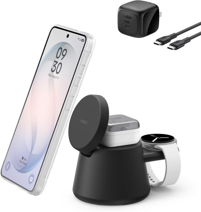 Belkin Qi2.2 25W Magnetic Wireless Charging Station, 3 in 1 Samsung Charger